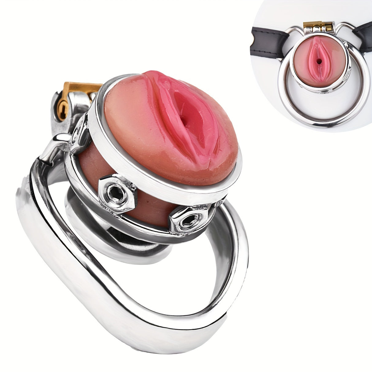 FRRK-411 Stainless Steel Pink Vagina Shap Male Chastity Cock Cage Device