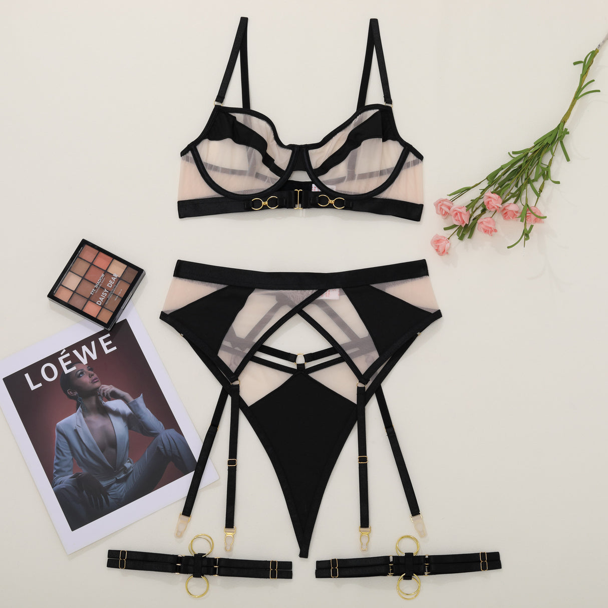 Beautiful Sheer Fabric Mesh Garter Sexy Lingerie Set