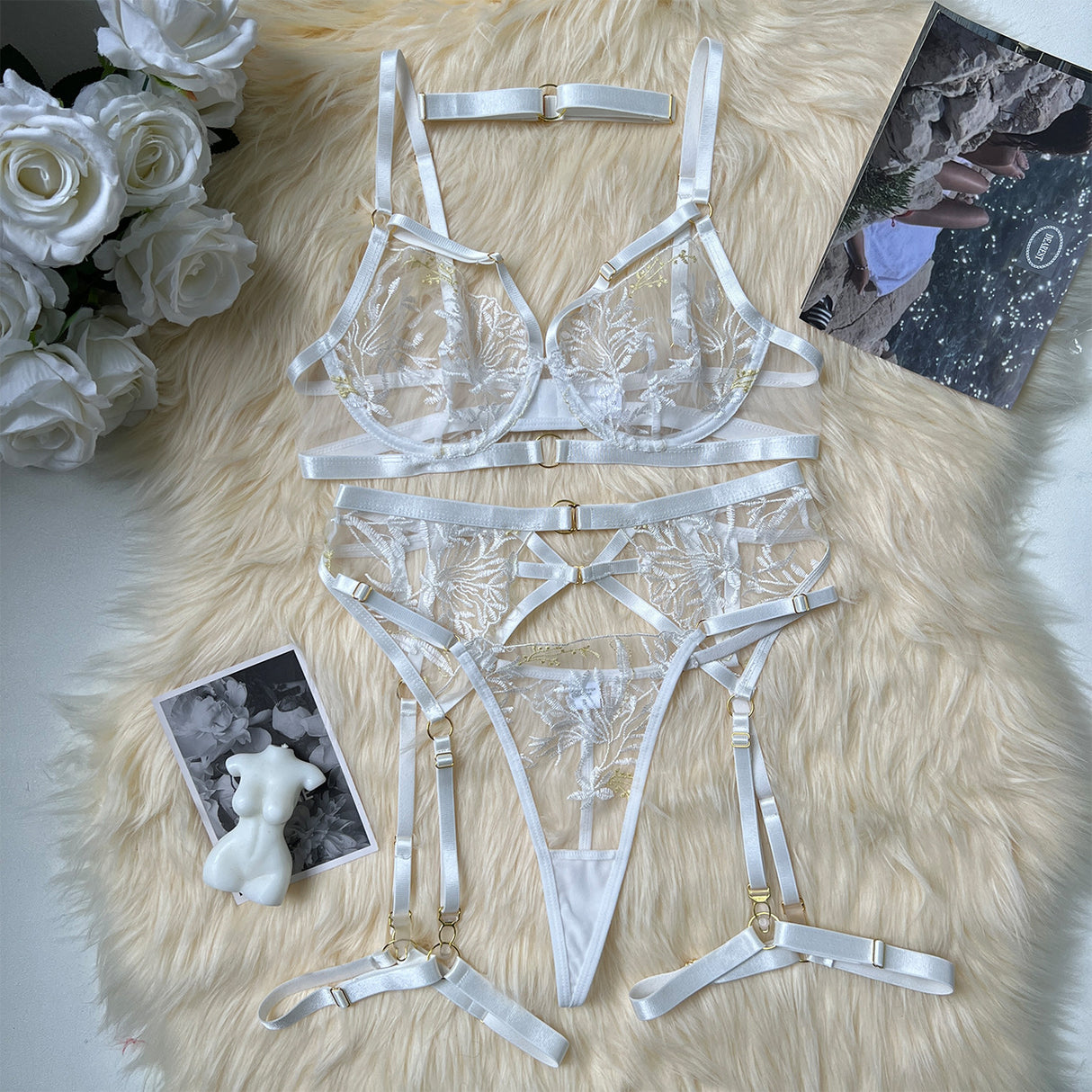 Embroidery Lace Transparent Perspective Bra Garter Belt Lingerie Set