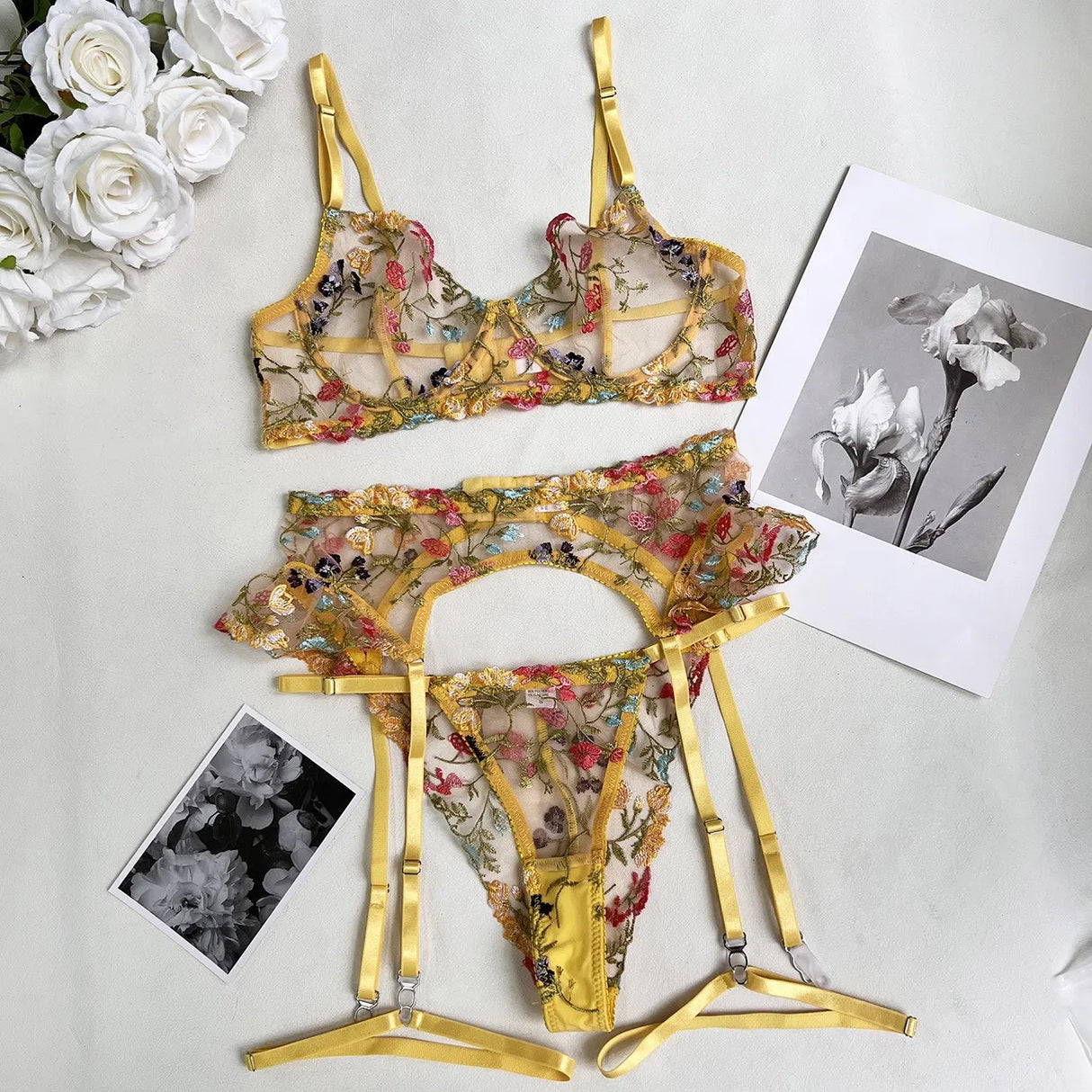 Floral Embroidery Ultra thin Transparent Sexy Bra suit Lingerie Set