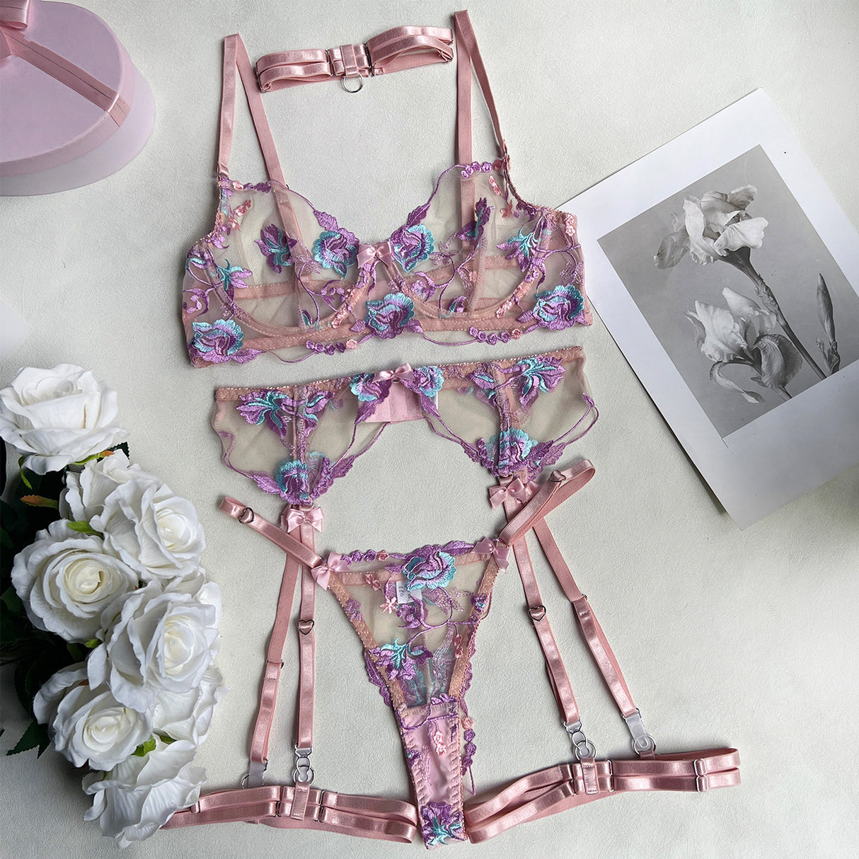 Floral Embroidery Mesh Underwire Lace Bra and Panty Garter Lingerie Sets