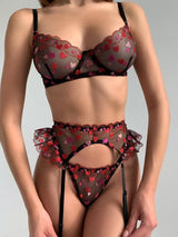 Heartshaped Embroidery Lace Transparent Bra and panty Garter belt Lingerie Sets