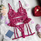 Heartshaped Embroidery Lace Transparent Red Thong Garter Lingerie Set