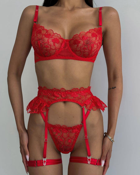 High-end Embroidery Lace With Garter Belt See-Through Lingerie