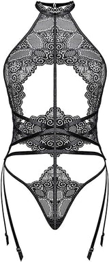 LOVE YOU SEXY Women Lace Bodysuit with Garter Belts, Halter Neck Backless Teddy One Piece Bodysuit Lingerie