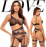 LOVE YOU SEXY Women Lace Lingerie Set, Embroidery Lace 3pcs set Bra and thong Suspender Garter Set