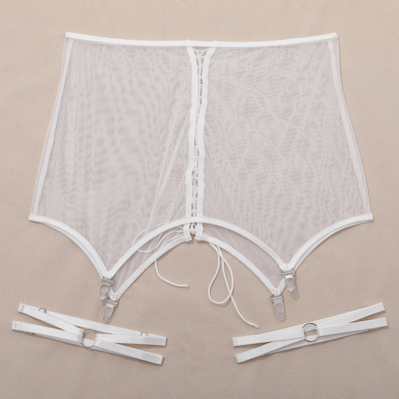 Mesh See-Through Sexy Garter Belt Cross Strap Sexy Lingerie Set