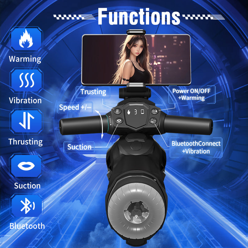 Motorcycle Thrusting vibrating sucking warming Male Masturbator with Bluetooth