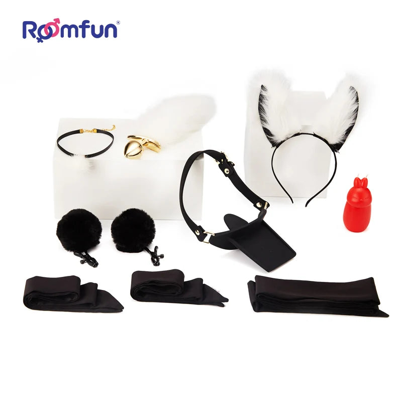 Roomfun®SM Slave bondage kit cuff eye mask neck collar Mouth ball gag Anal Plug nipple Clamp Dropping wax restraint