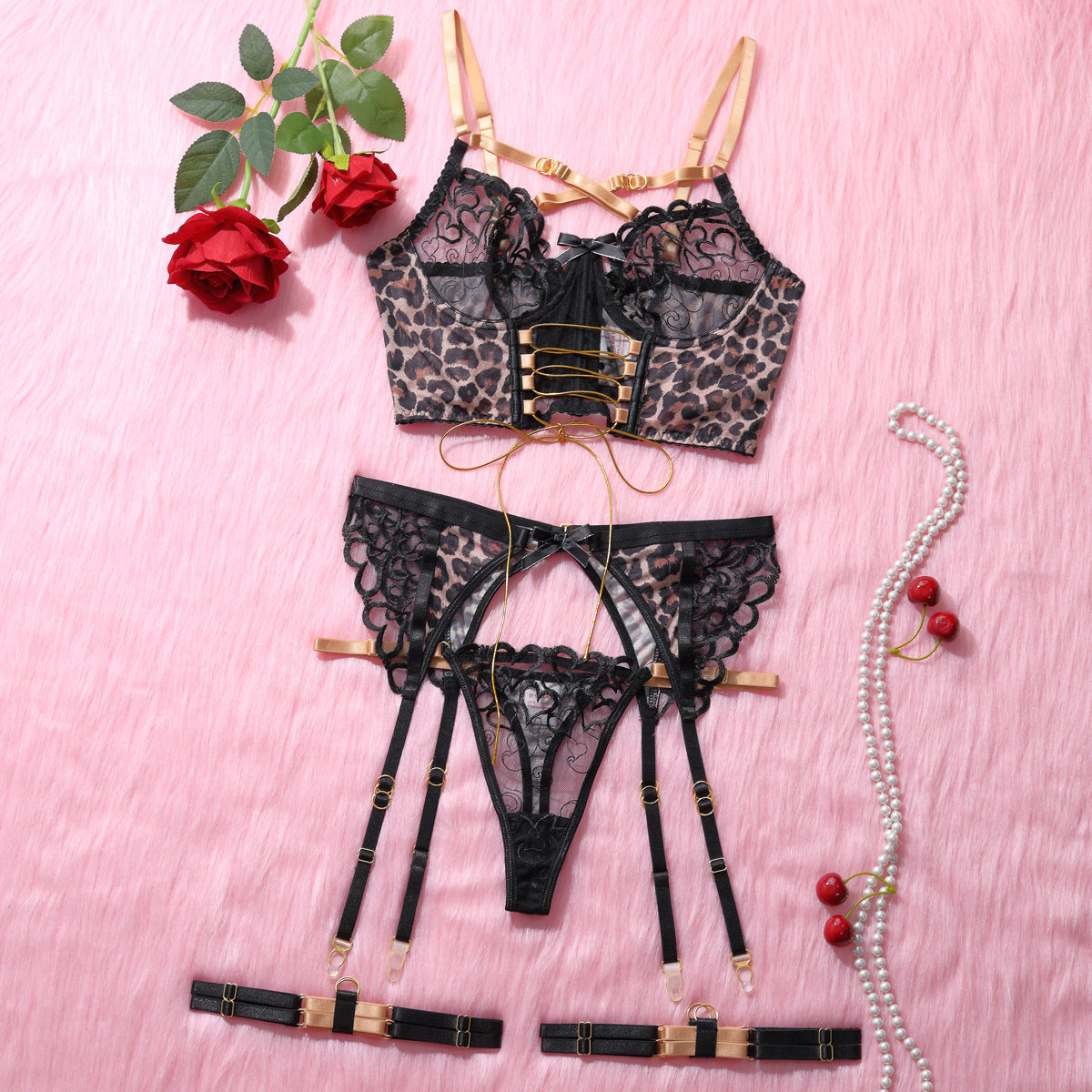 Sexy Leopard print Lace Garter Sexy Lingerie Set