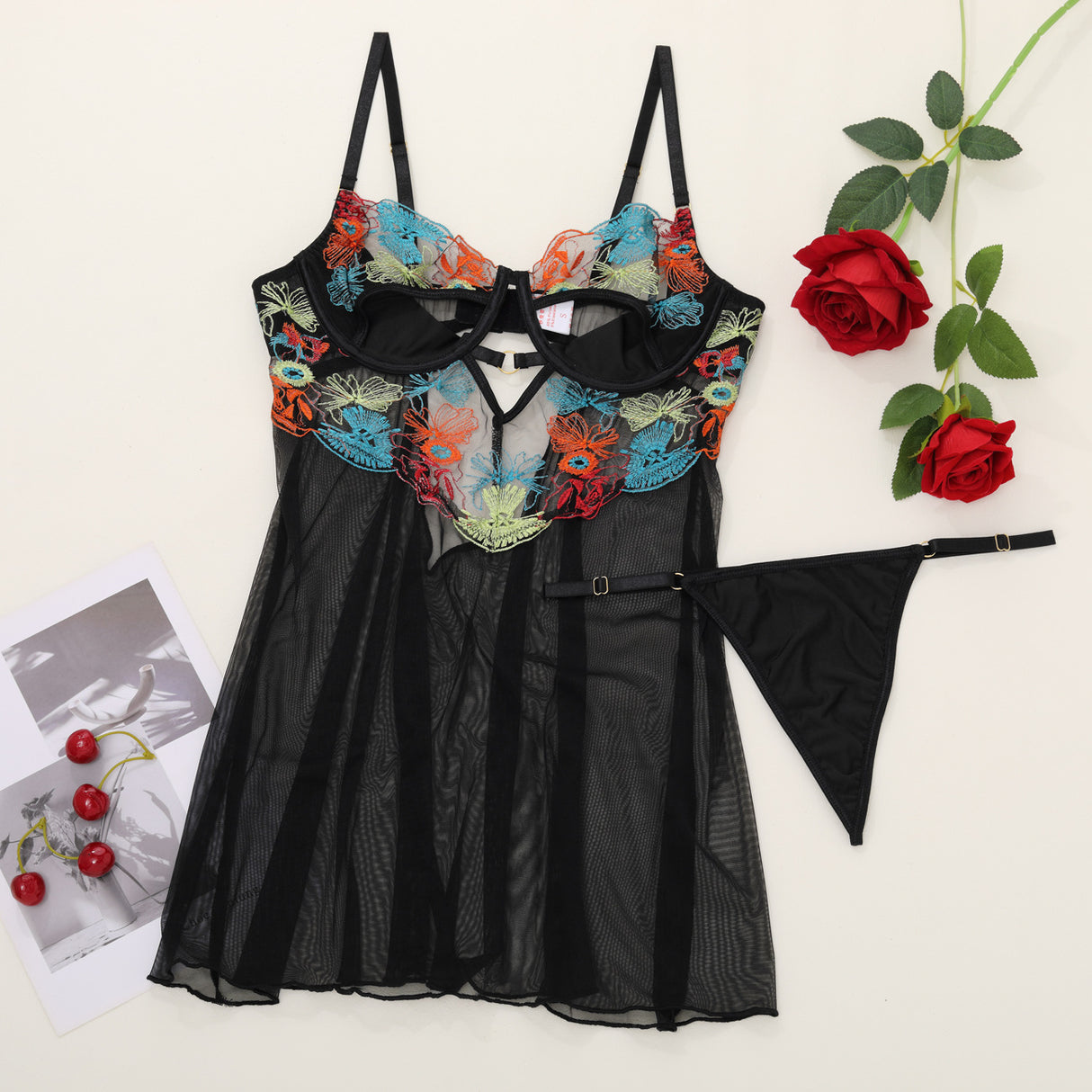 Splicing Embroidery Perspective Breast Dewing Mesh Babydoll Set