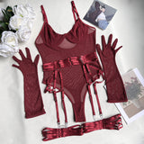 Wine Red Lace Bodysuit Mesh Bustier Set With Gloves