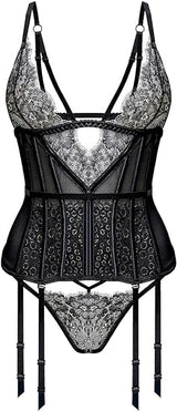 Women Sexy Lace Lingerie Set Eyelash Lace Bustier Corset with Garter Belt and G-String Panty Waist Belt 3 Piece Lingerie Set