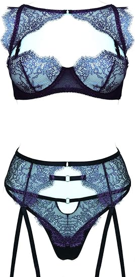 Women Sexy Lace Lingerie Set,Lace Push Up Bra and G-String Panty with Garter Belt 3 Piece Bra Set Blue