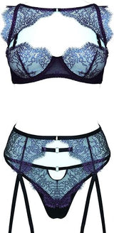 Women Sexy Lace Lingerie Set,Lace Push Up Bra and G-String Panty with Garter Belt 3 Piece Bra Set Blue