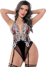 Women Sexy Lingerie Set 2 pcs set Mesh Bodysuit and Lace Garter belt Teddy Lingerie