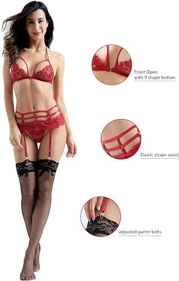 Women Sexy Lingerie Set, Lace Bralette and G-String Panty with Garter Belt Strap 3 Piece Lingerie Bra Set