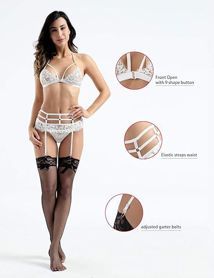 Women Sexy Lingerie Set, Lace Bralette and G-String Panty with Garter Belt Strap 3 Piece Lingerie Bra Set