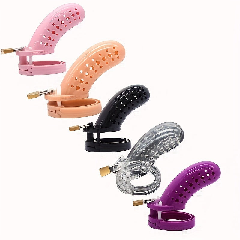 FRRK-23 Long Colorful Chastity Cage ABS Resin Cock Lock With 5 Penis Rings