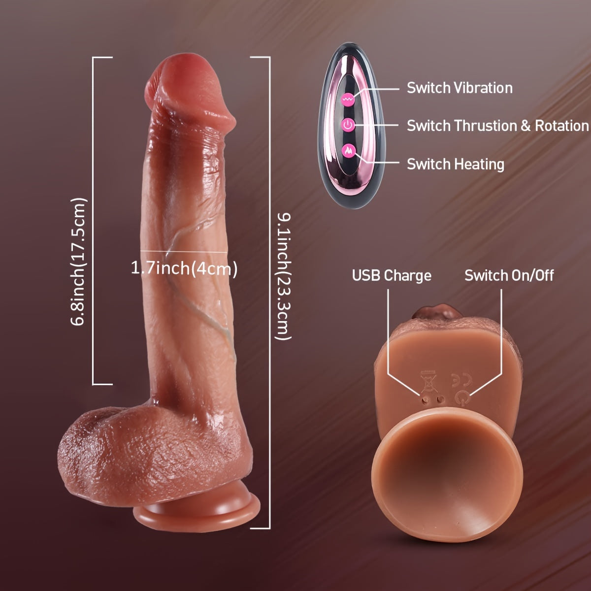 YIQU 22.1cm Realistic 10 Vibrating Dildo With Heating 10 Thrusting 360 Rotating