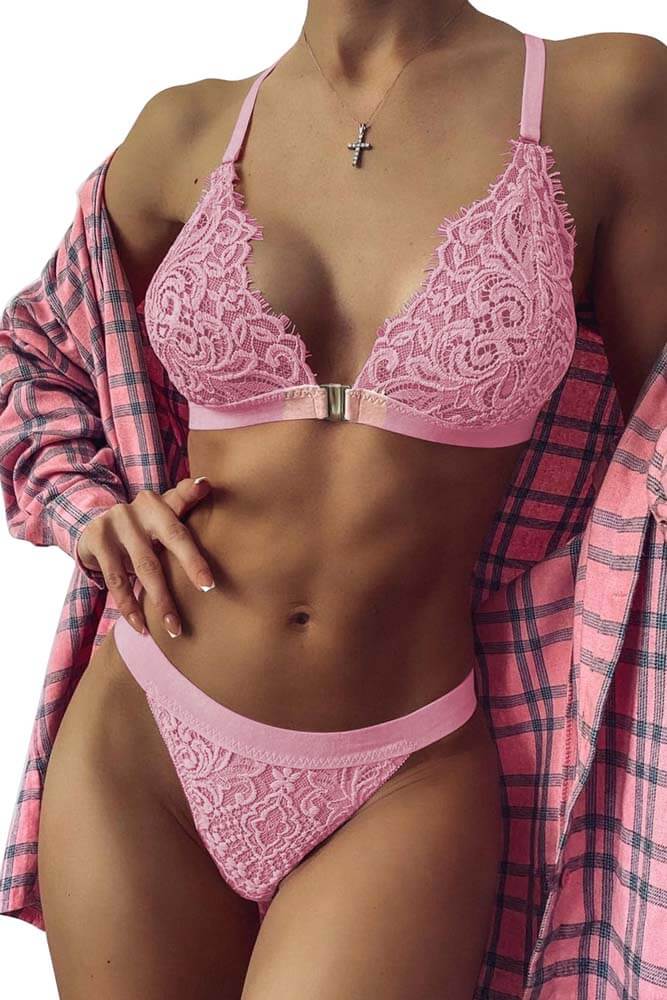 Honeysx Pink Two-piece Adjustable Straps Lace Bralette Set