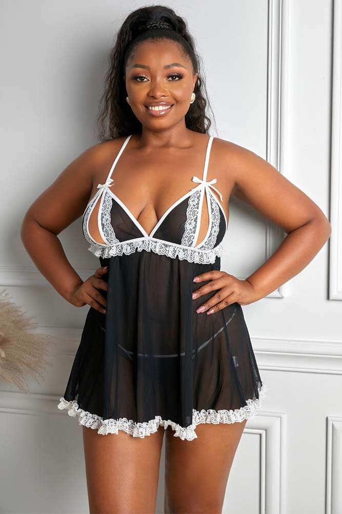 Honeysx Black Plus Size Lace Sheer Patch Cut Out Babydoll