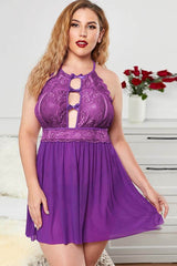 Honeysx Halter Neck Lace Mesh Backless Plus Size Babydoll