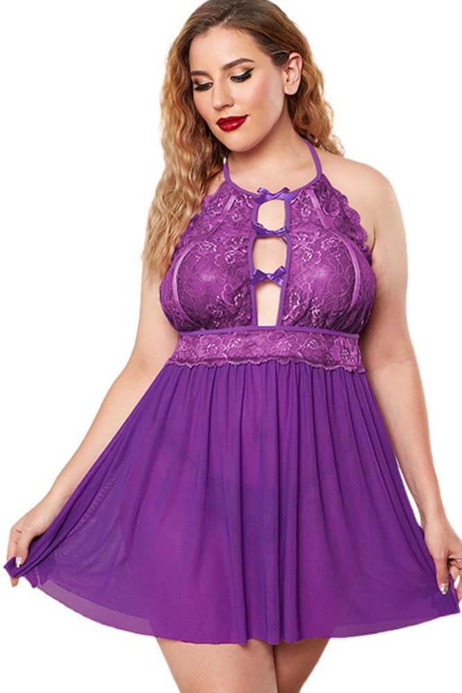 Honeysx Halter Neck Lace Mesh Backless Plus Size Babydoll