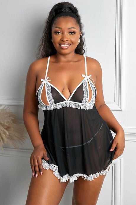 Honeysx Black Plus Size Lace Sheer Patch Cut Out Babydoll