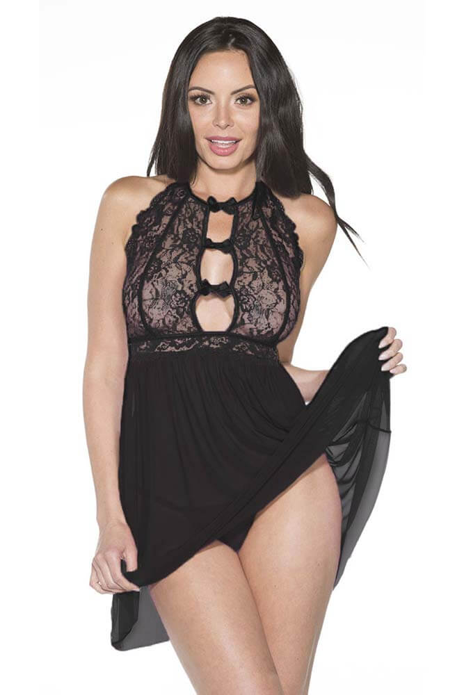 Honeysx Halter Neck Lace Mesh Backless Plus Size Babydoll