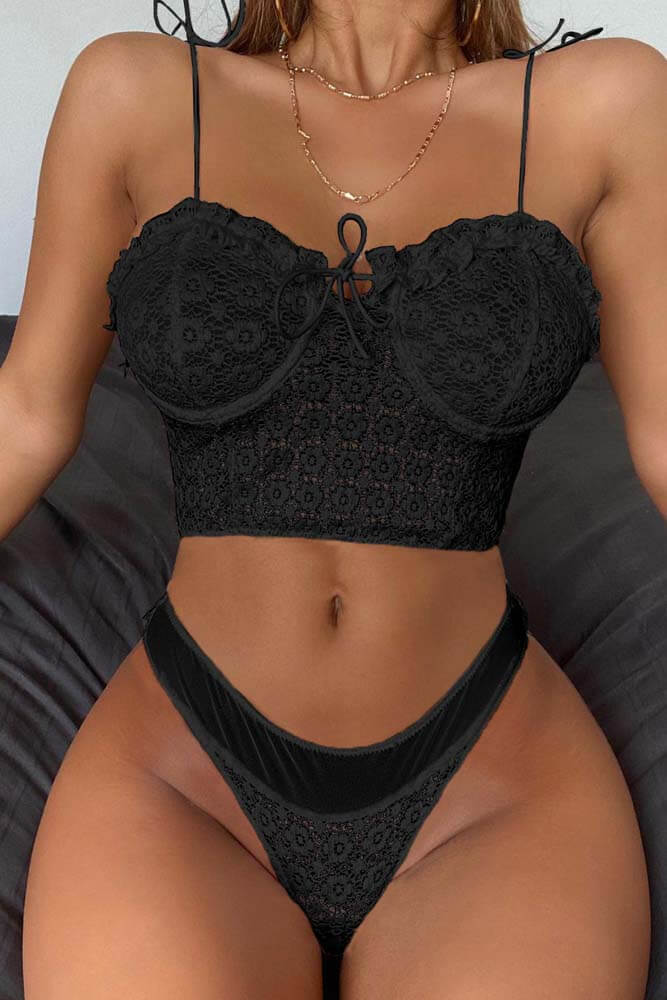 Honeysx Lace Ruffle Spaghetti Strap Bralette Set