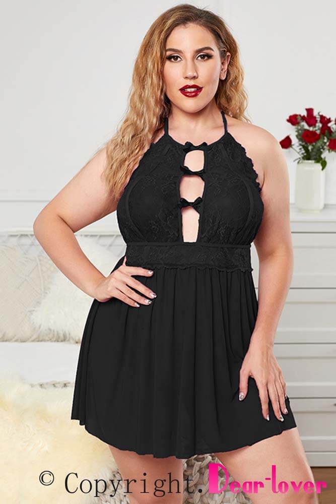 Honeysx Halter Neck Lace Mesh Backless Plus Size Babydoll