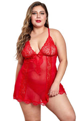 Sying Plus Size Mesh & Venice Embroidery Lace Babydoll