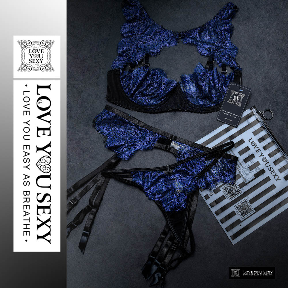 LYS Hollow Fashion Lace Blue Ladies Lingerie Bra & Brief Set