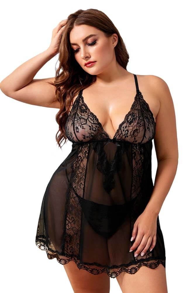 Sying Plus Size Mesh & Venice Embroidery Lace Babydoll